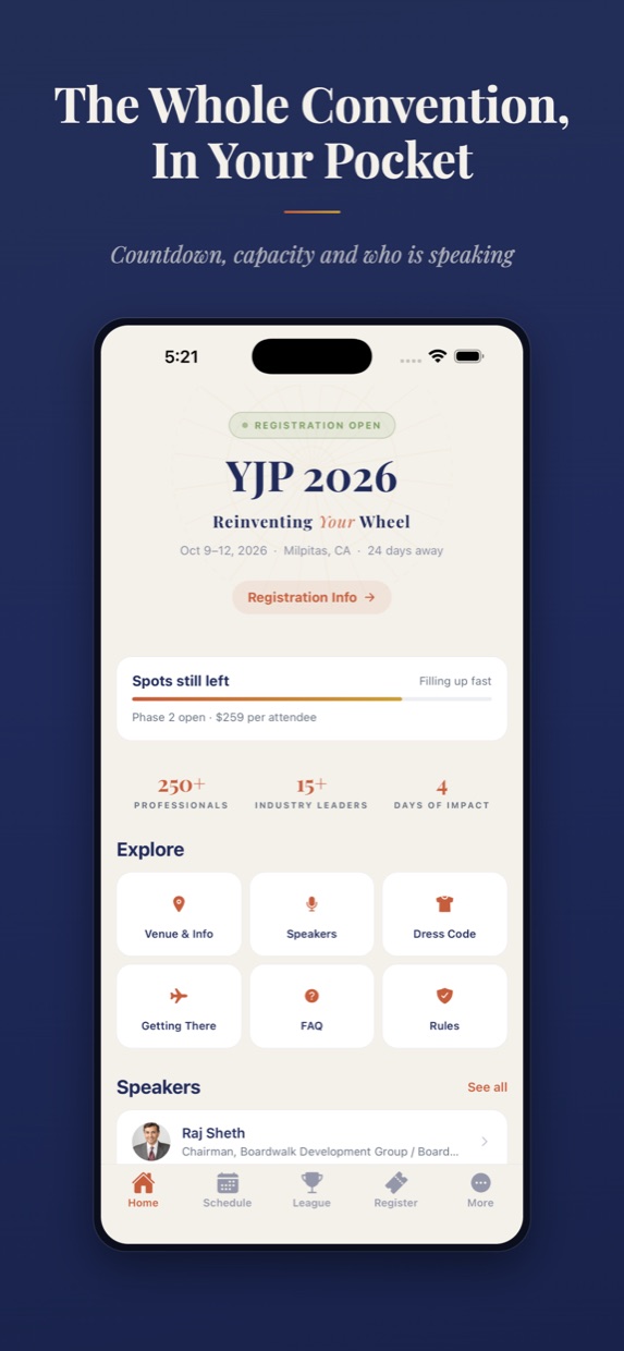 YJP Convention app home screen with countdown and registration status
