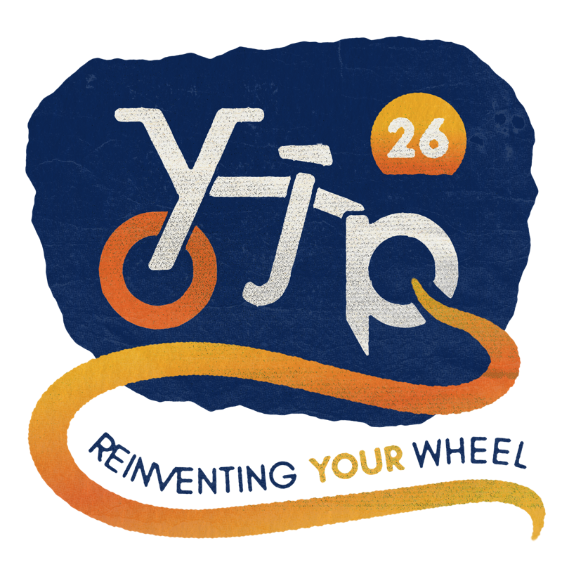YJP26 logo - a bicycle whose frame spells YJP, beneath the words Reinventing Your Wheel
